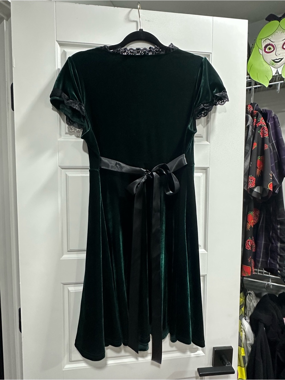 Killstar Dark Emerald Velvet Babydoll Dress with Black Lace Trim - Picture 3 of 4